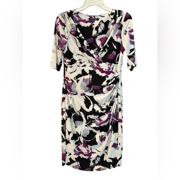 Ralph Lauren Women's Faux Floral Wrap Midi Dress V-Neck Jersey Stretch EUC Sz 10 - Picture 6 of 16